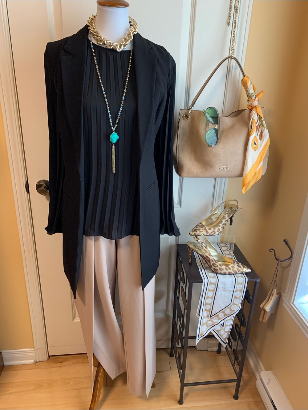 Black Pleated-Front Blouse with wide sleeves